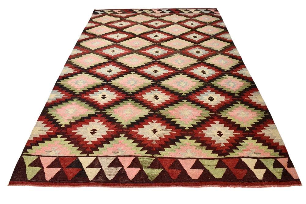 Kilim 291x202 cm, zielony, czerwony, wełna, lata 70.