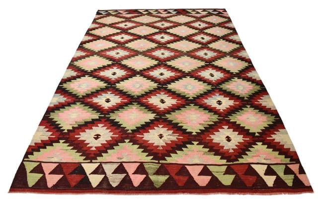 Kilim 291x202 cm, zielony, czerwony, wełna, lata 70. - WYMIARY