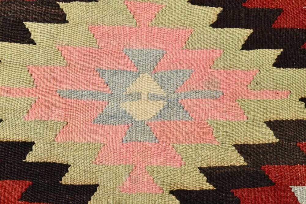 Kilim 291x202 cm, zielony, czerwony, wełna, lata 70. - 215210