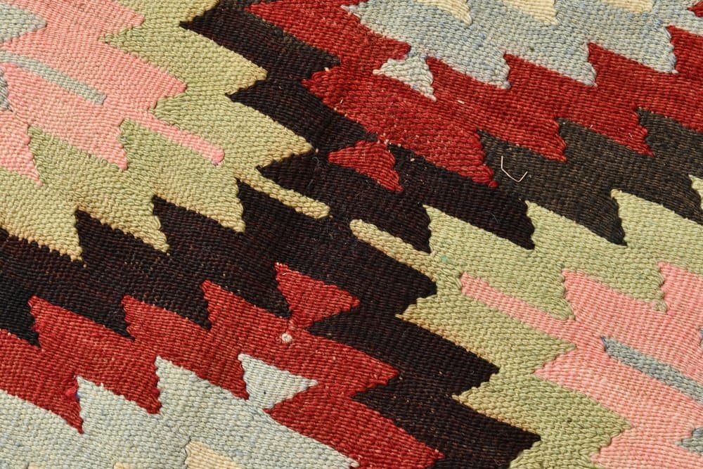 Kilim 291x202 cm, zielony, czerwony, wełna, lata 70. - 215209