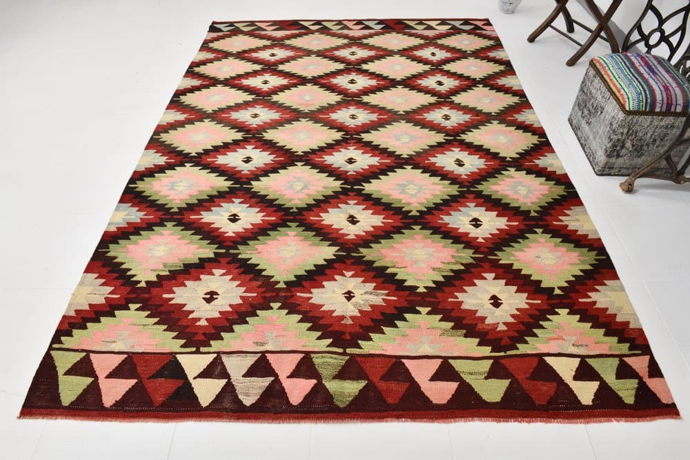 Kilim 291x202 cm, zielony, czerwony, wełna, lata 70. - 215205
