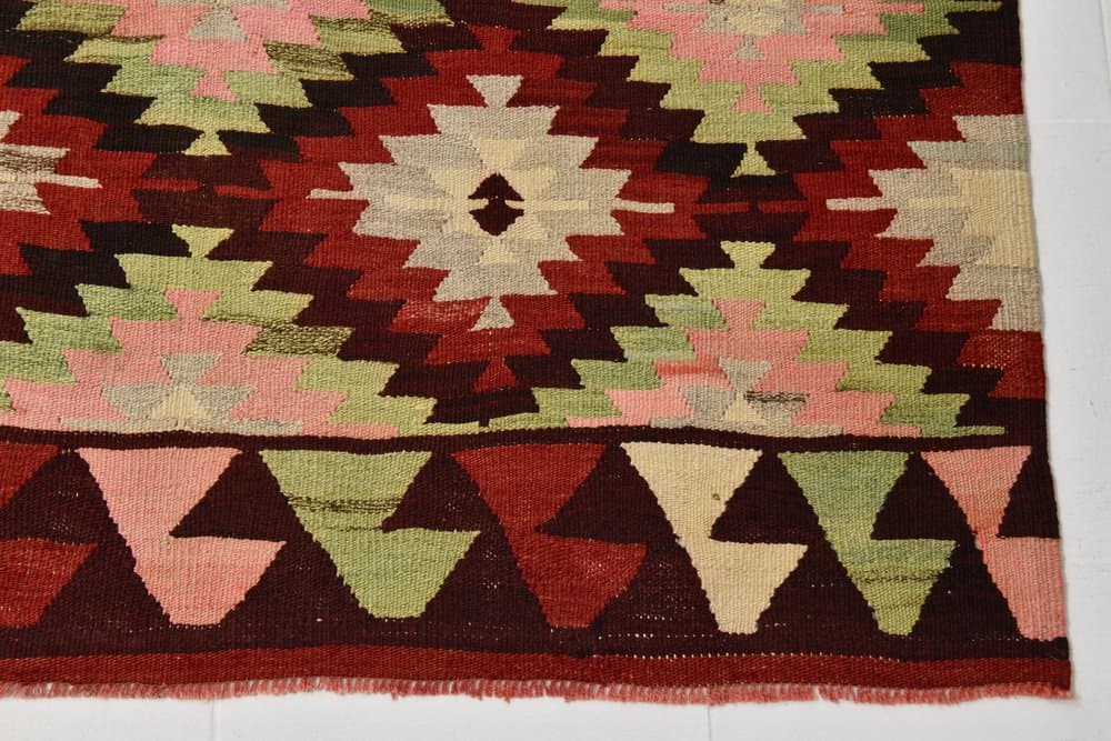 Kilim 291x202 cm, zielony, czerwony, wełna, lata 70. - 215203