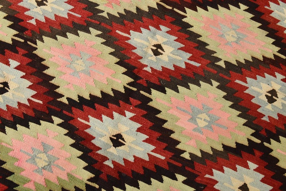Kilim 291x202 cm, zielony, czerwony, wełna, lata 70. - 215208