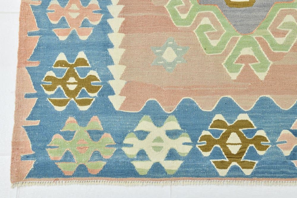 Kilim 199x311 cm, turkusowy, różowy, wełna, lata 70. - 215197