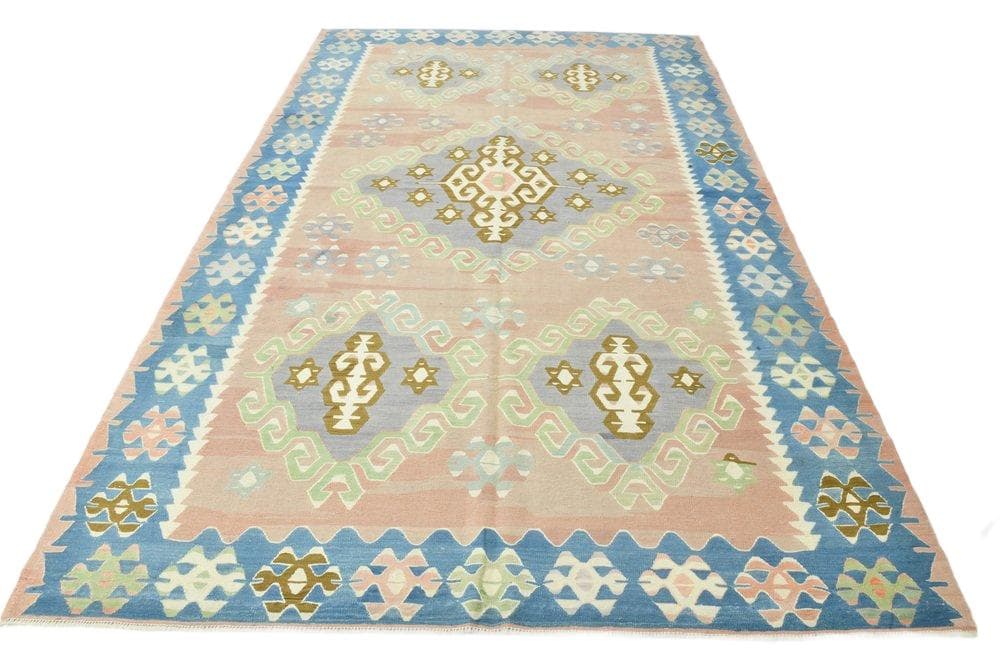 Kilim 199x311 cm, turkusowy, różowy, wełna, lata 70.