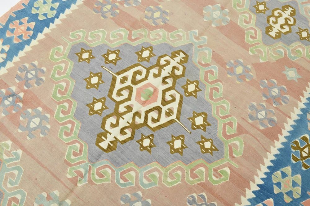 Kilim 199x311 cm, turkusowy, różowy, wełna, lata 70. - 215195