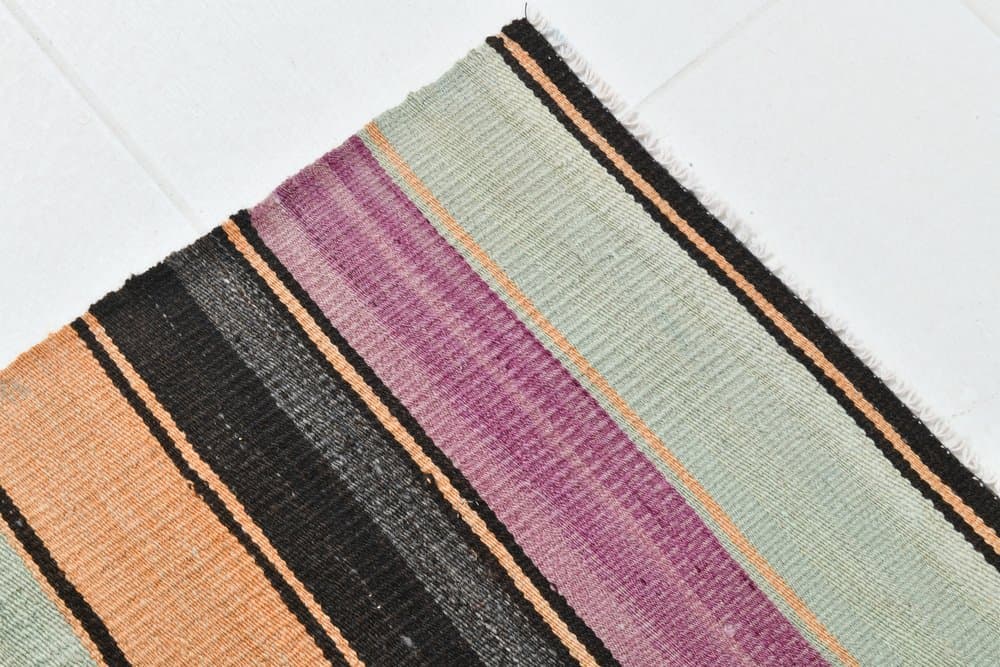 Kilim 185x124 cm, oliwkowy, beżowy, wełna, lata 70. - 215617