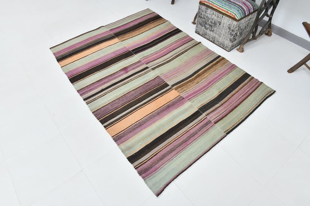 Kilim 185x124 cm, oliwkowy, beżowy, wełna, lata 70. - 215615