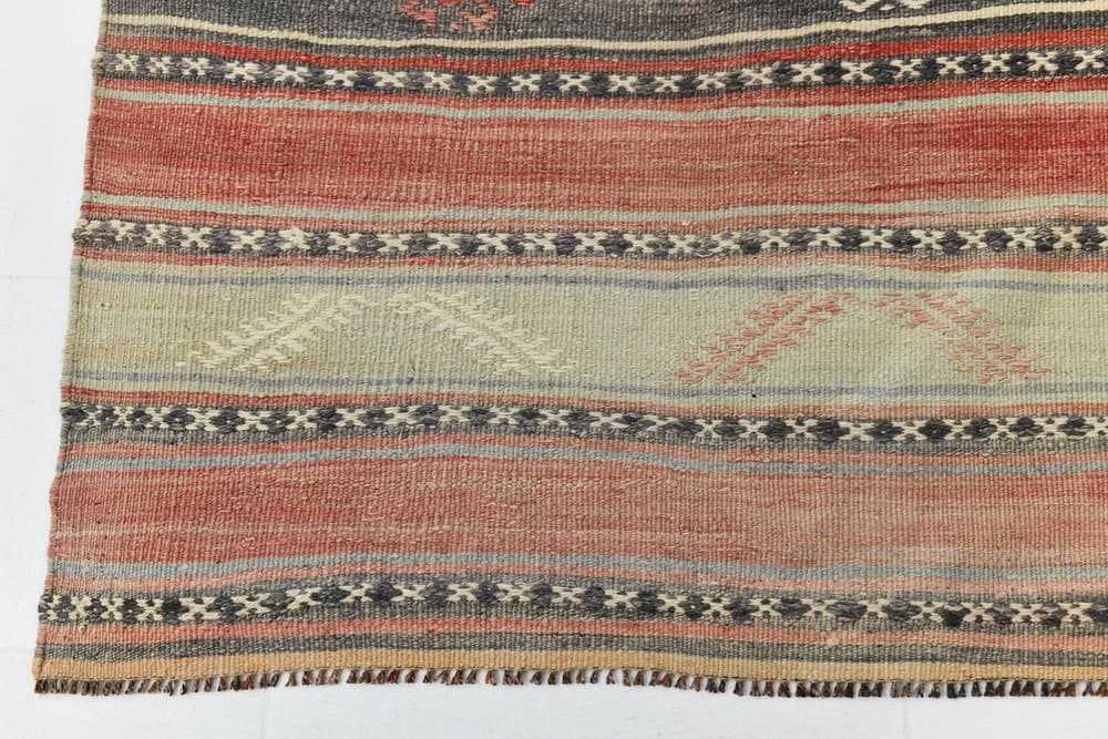 Kilim 158x377 cm, brązowy, zielony, wełna, lata 70. - 215597
