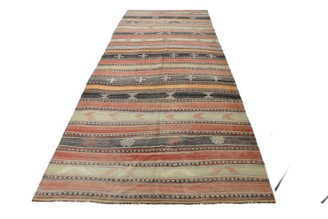 Kilim 158x377 cm, brązowy, zielony, wełna, lata 70. - WYMIARY