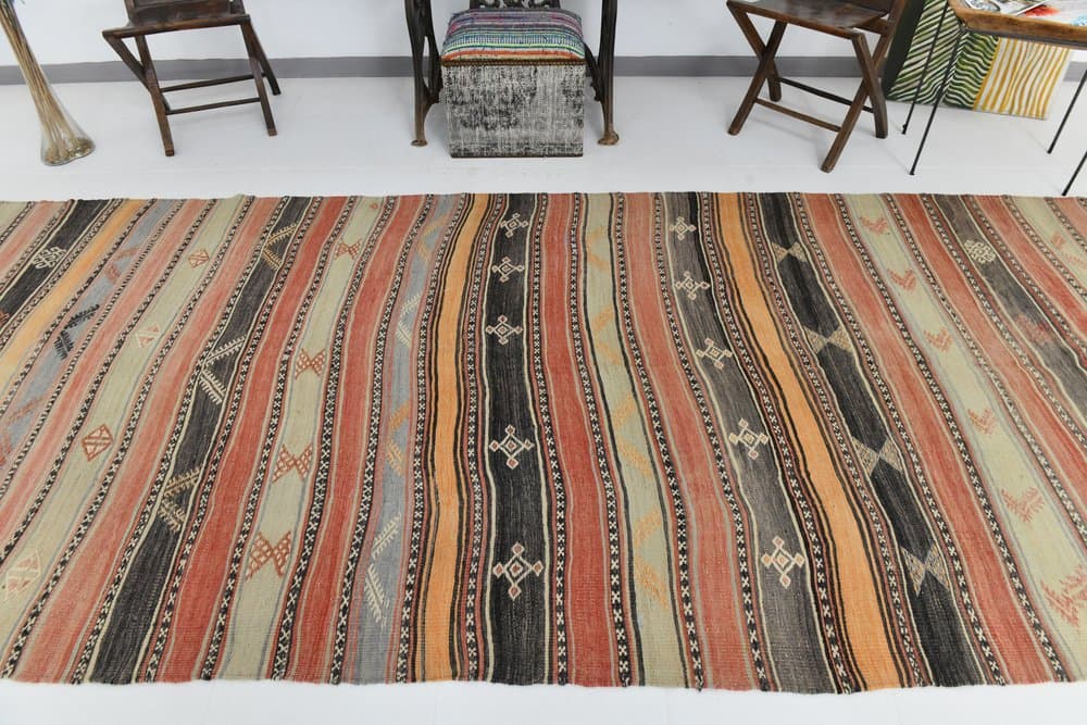 Kilim 158x377 cm, brązowy, zielony, wełna, lata 70. - 215593