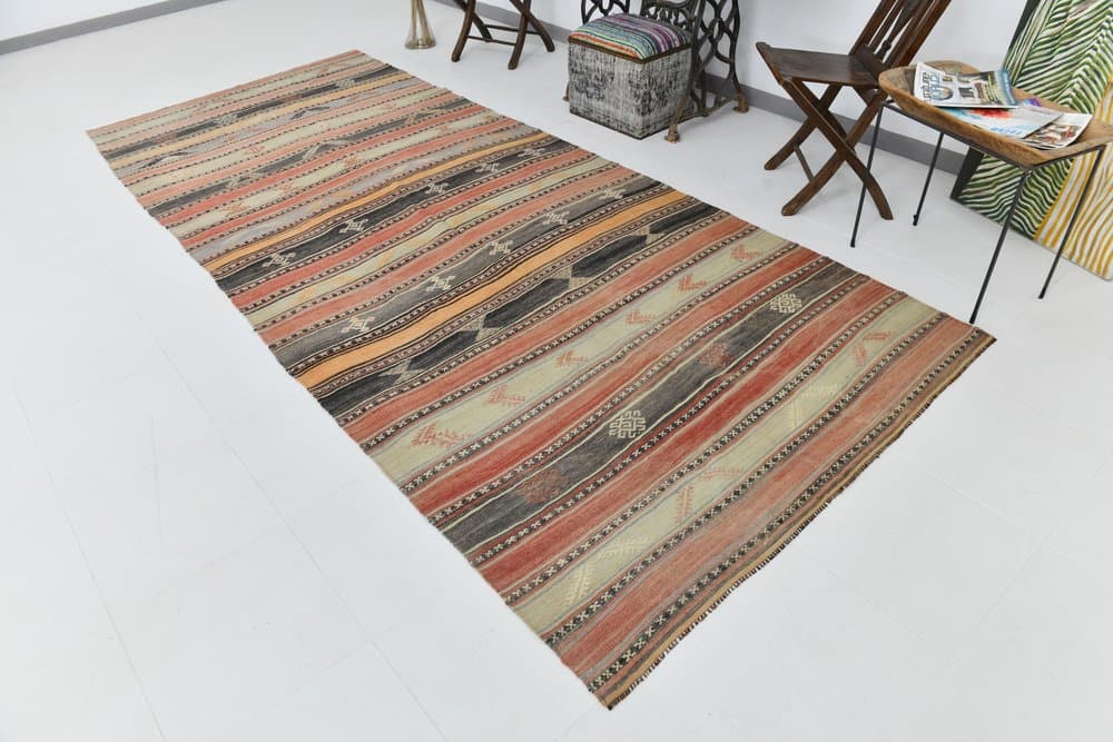 Kilim 158x377 cm, brązowy, zielony, wełna, lata 70. - 215589