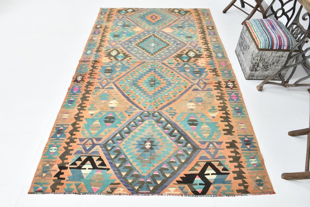 Kilim 256x154 cm, turkusowy, beżowy, wełna, lata 70. - 215553