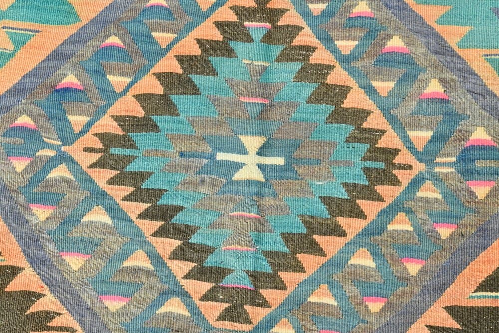 Kilim 256x154 cm, turkusowy, beżowy, wełna, lata 70. - 215557