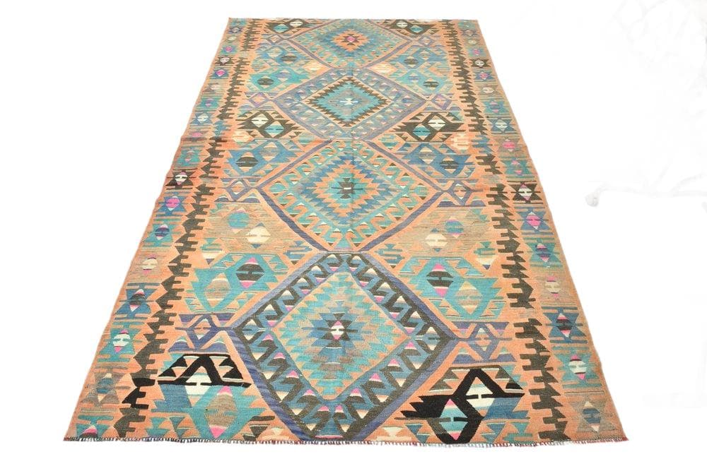 Kilim 256x154 cm, turkusowy, beżowy, wełna, lata 70.