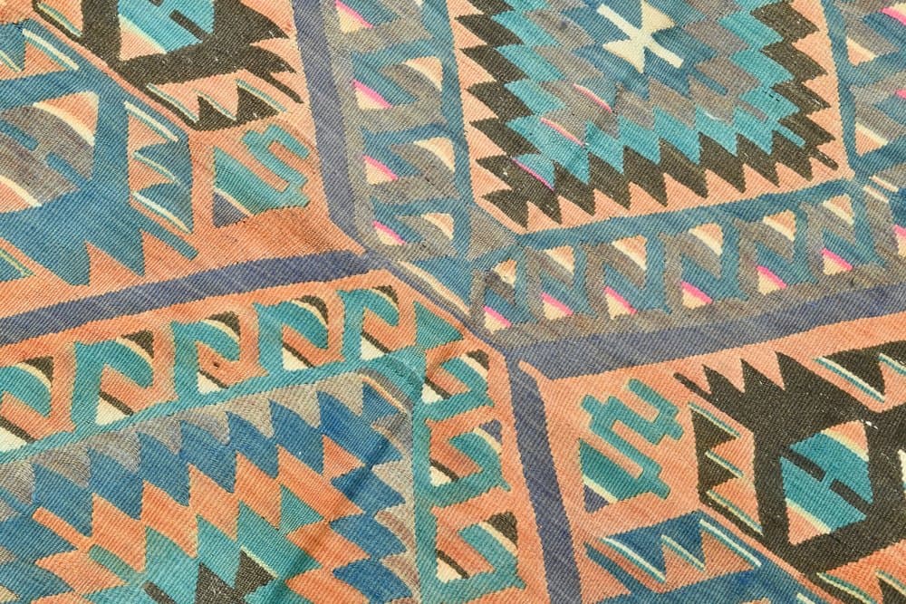 Kilim 256x154 cm, turkusowy, beżowy, wełna, lata 70. - 215556
