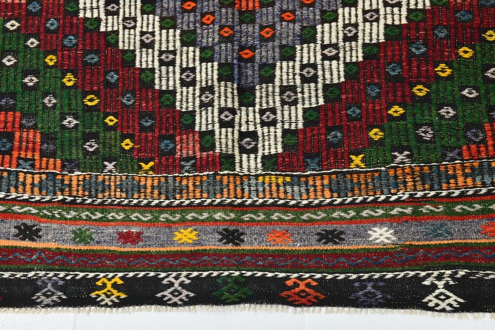 Kilim 186x265 cm, zielony, czerwony, wełna, lata 70. - 215546