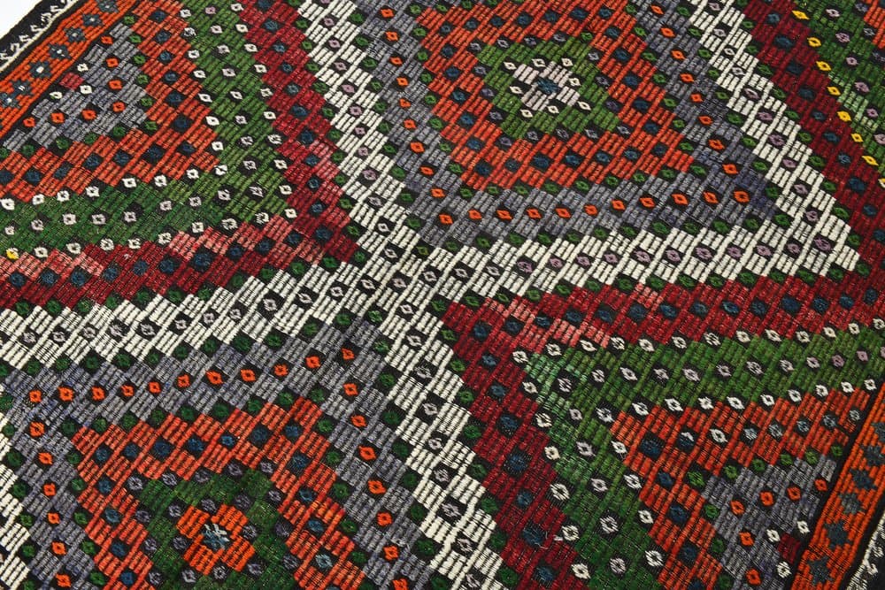 Kilim 186x265 cm, zielony, czerwony, wełna, lata 70. - 215542