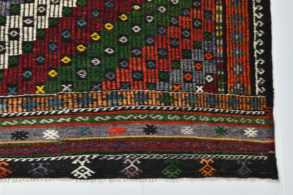 Kilim 186x265 cm, zielony, czerwony, wełna, lata 70. - 215547