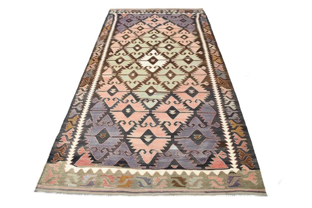 Dywan 152x298 cm, brązowy, różowy, wełna, lata 70.