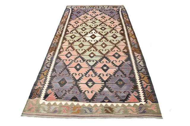 Dywan 152x298 cm, brązowy, różowy, wełna, lata 70. - WYMIARY