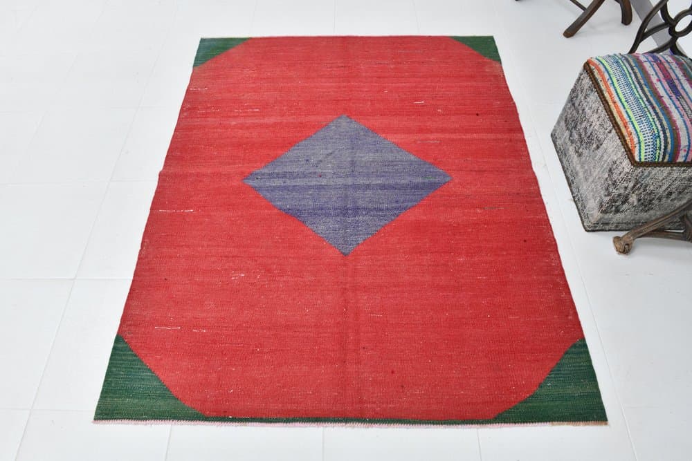 Kilim 172x137 cm, czerwony, zielony, wełna, lata 70. - 215514