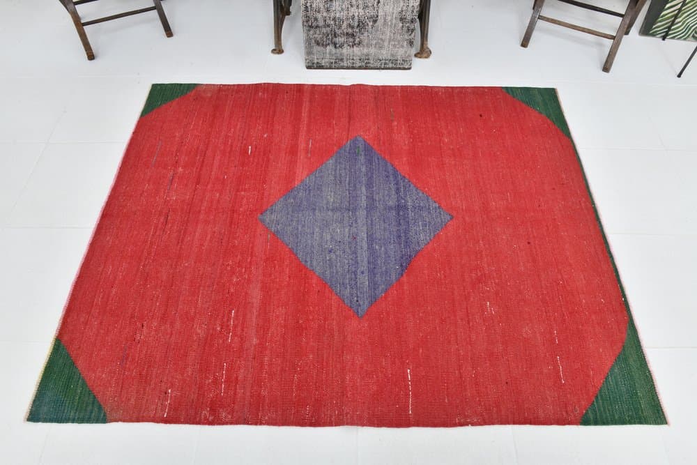 Kilim 172x137 cm, czerwony, zielony, wełna, lata 70. - 215515