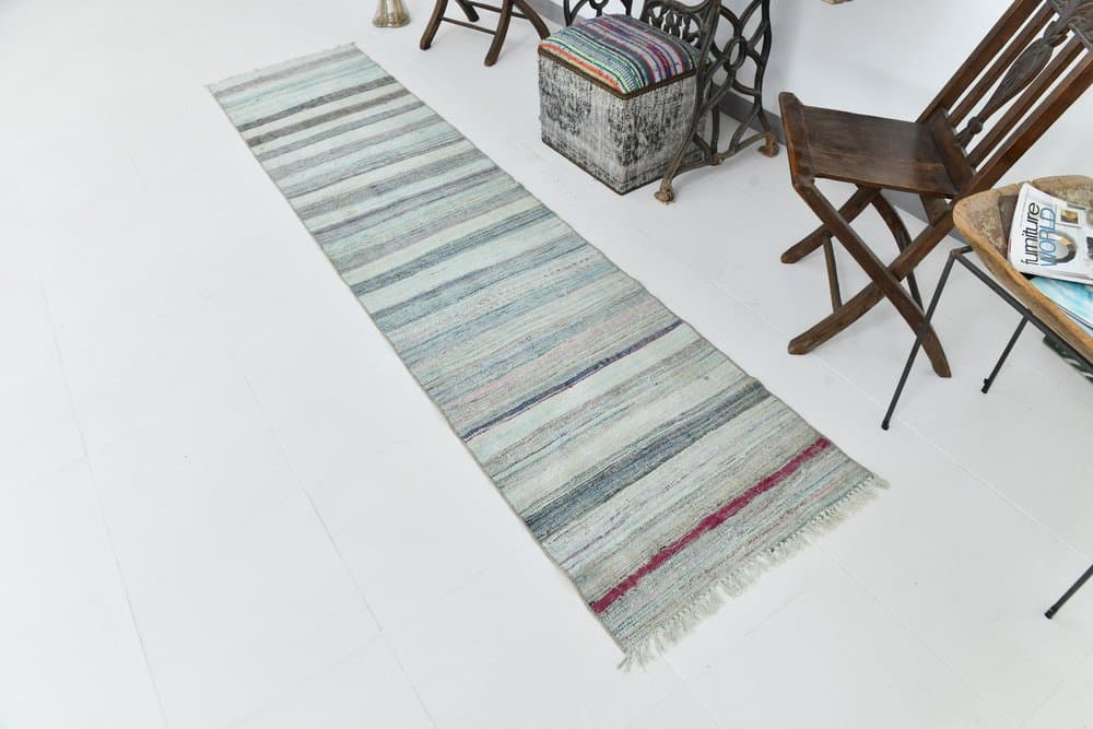 Chodnik 297x67 cm, szary, niebieski, wełna, lata 70. - 215498