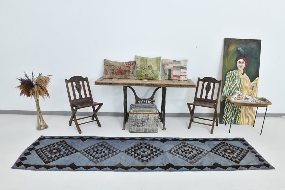 Kilim 79x316 cm, niebieski, wełna, lata 80. - 215490