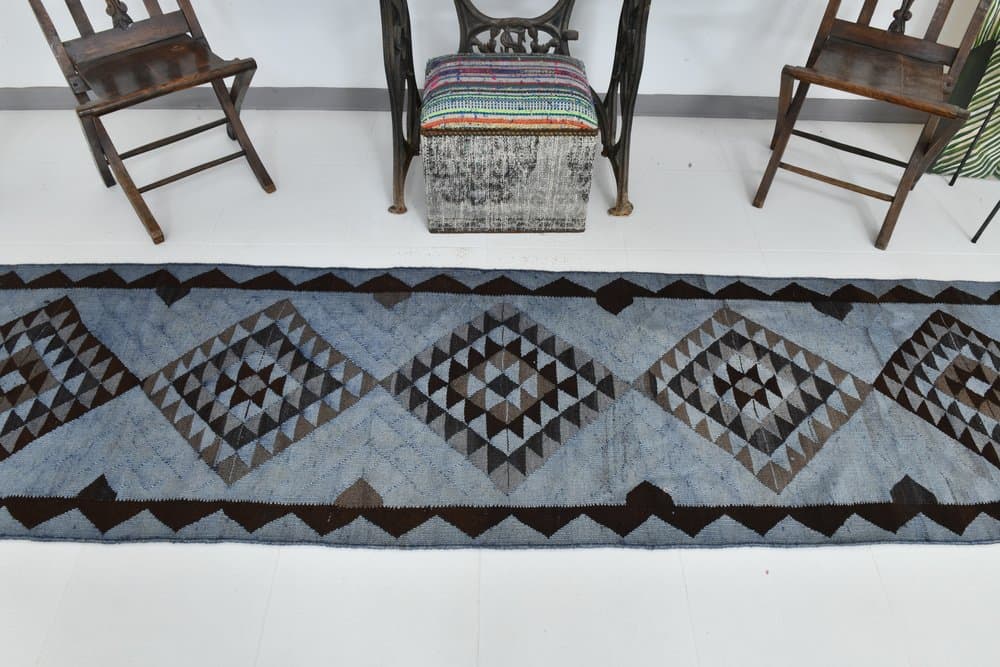 Kilim 79x316 cm, niebieski, wełna, lata 80. - 215489