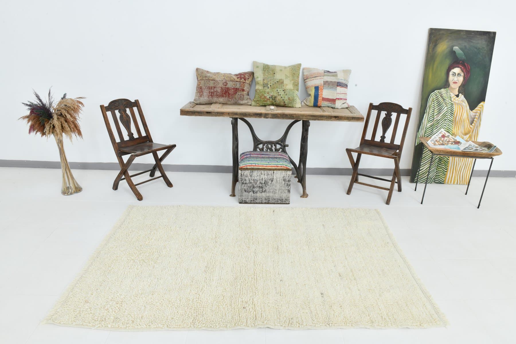 Dywan 211x135 cm, beżowy, wełna, lata 70. - 215469