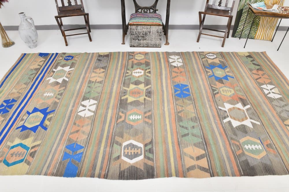 Kilim 186x347 cm, niebieski, szary, wełna, lata 70. - 215412