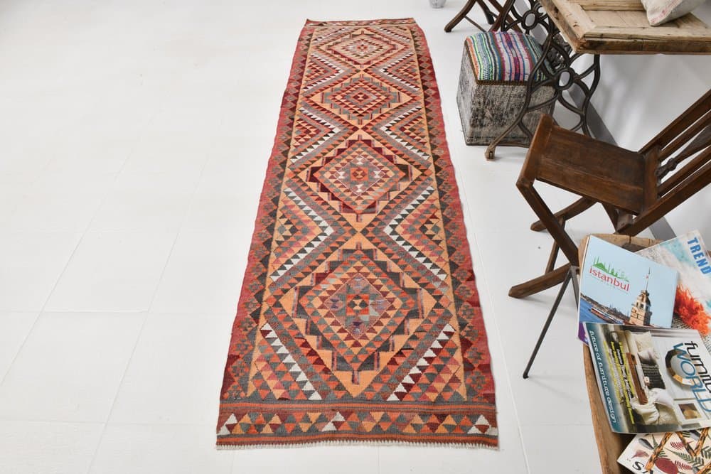 Chodnik 309x88 cm, czerwony, beżowy, wełna, Turcja, lata 70. - 215394