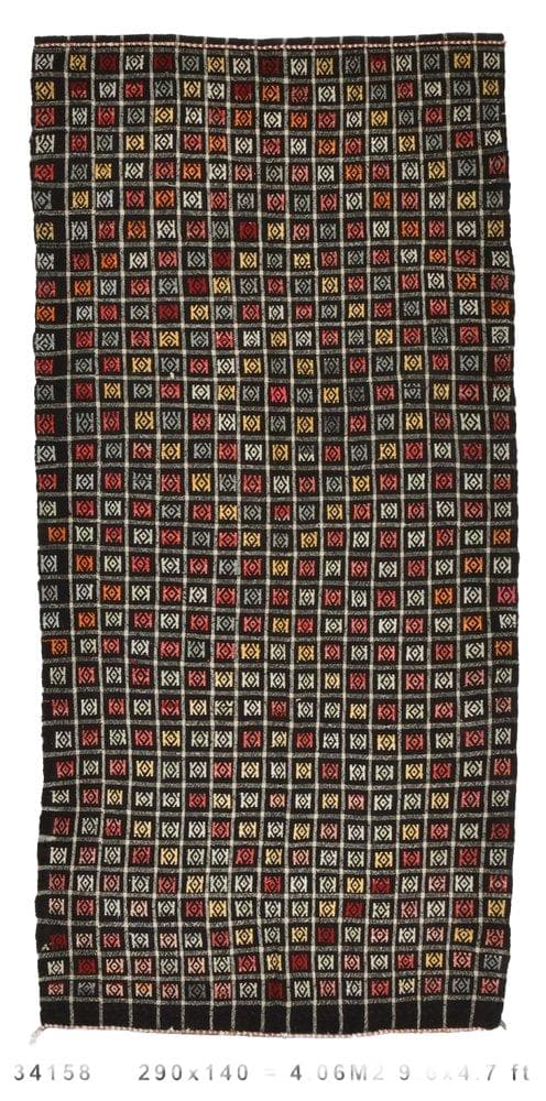 Kilim 140x290 cm, czarny, czerwony, wełna, lata 70.