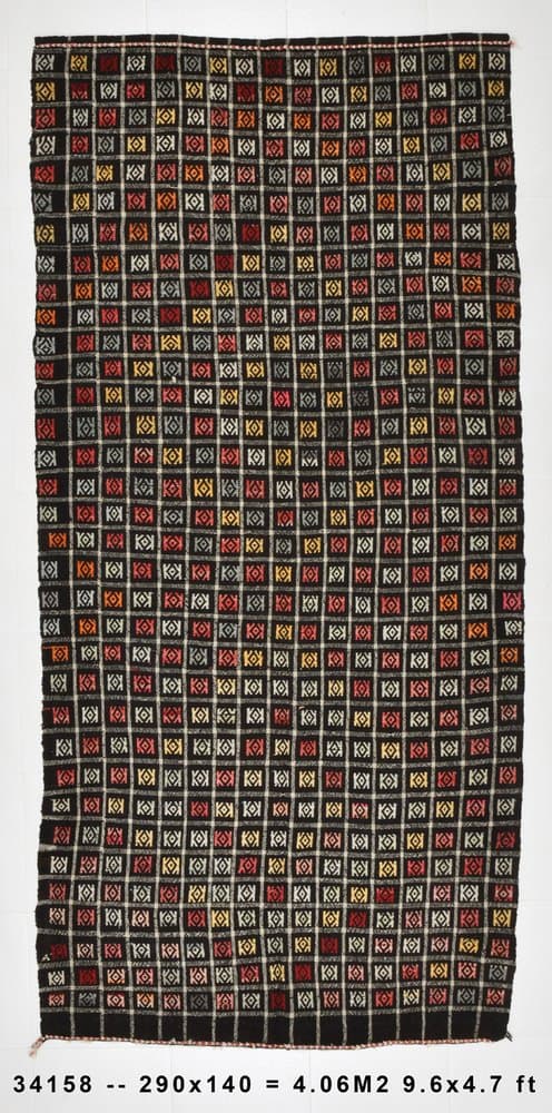 Kilim 140x290 cm, czarny, czerwony, wełna, lata 70. - 215384
