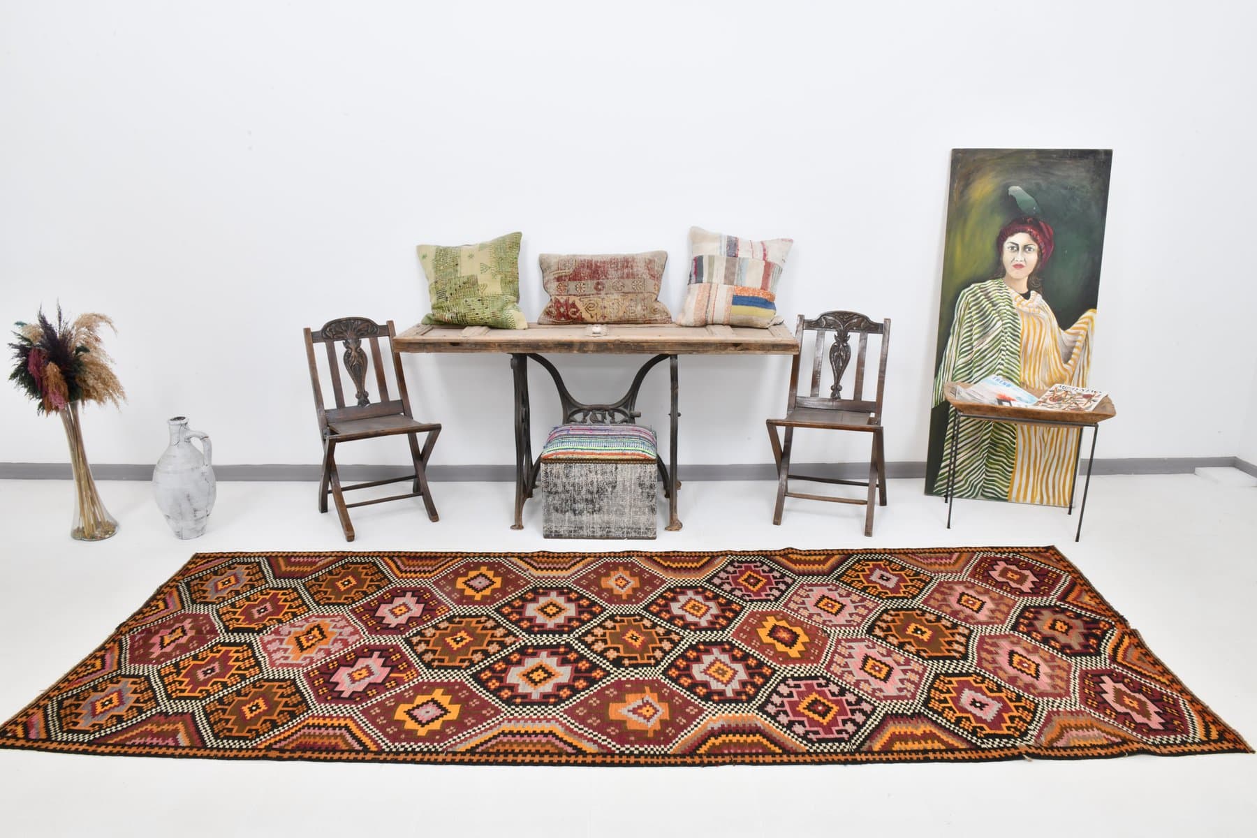 Kilim 126x335 cm, beżowy, czarny, wełna, Turcja, lata 60. - 215322