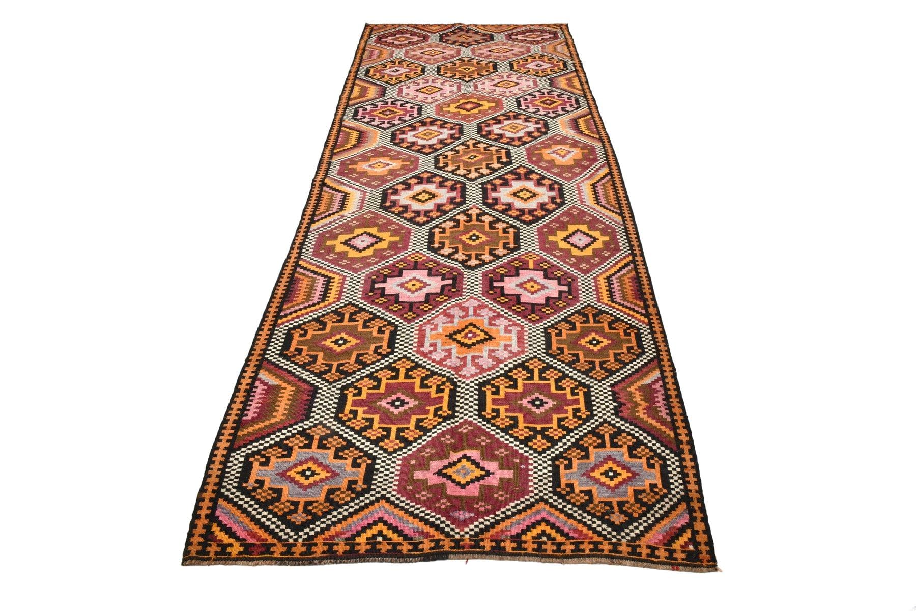 Kilim 126x335 cm, beżowy, czarny, wełna, Turcja, lata 60.
