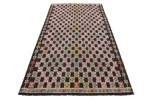 Kilim 144x258 cm, różowy, niebieski, wełna, Turcja, lata 60. - WYMIARY