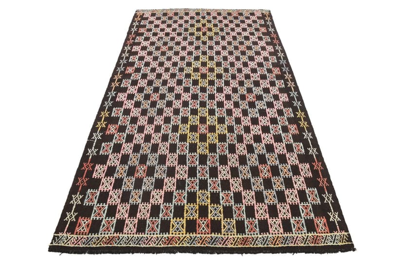 Kilim 144x258 cm, różowy, niebieski, wełna, Turcja, lata 60.