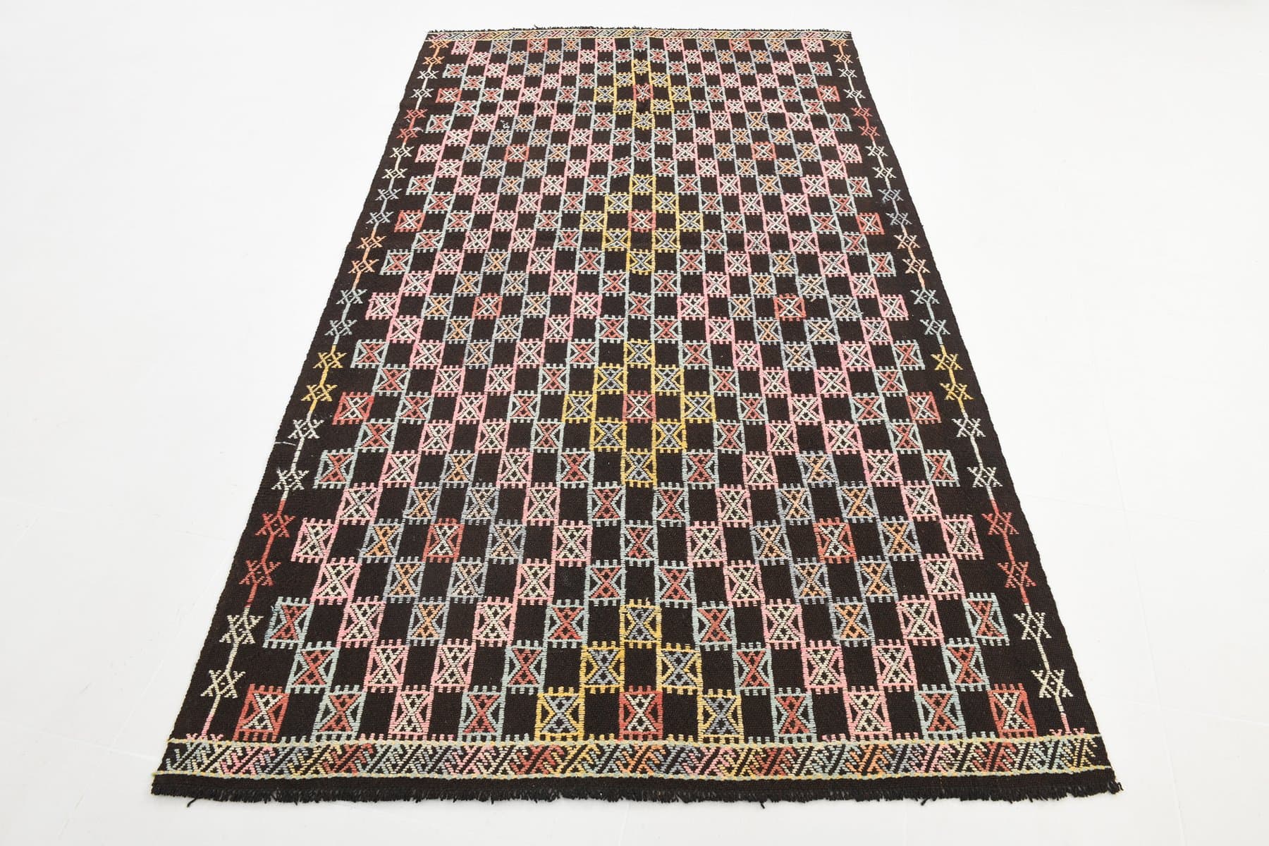 Kilim 144x258 cm, różowy, niebieski, wełna, Turcja, lata 60. - 219407