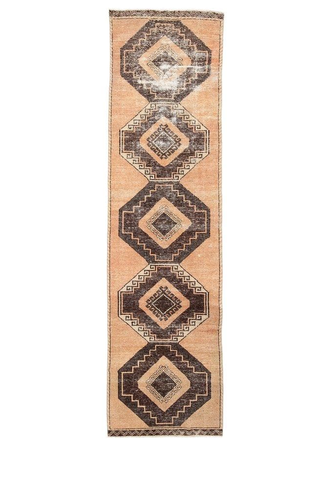 Chodnik 345x94 cm, brązowy, koralowy, wełna, Turcja, lata 60.