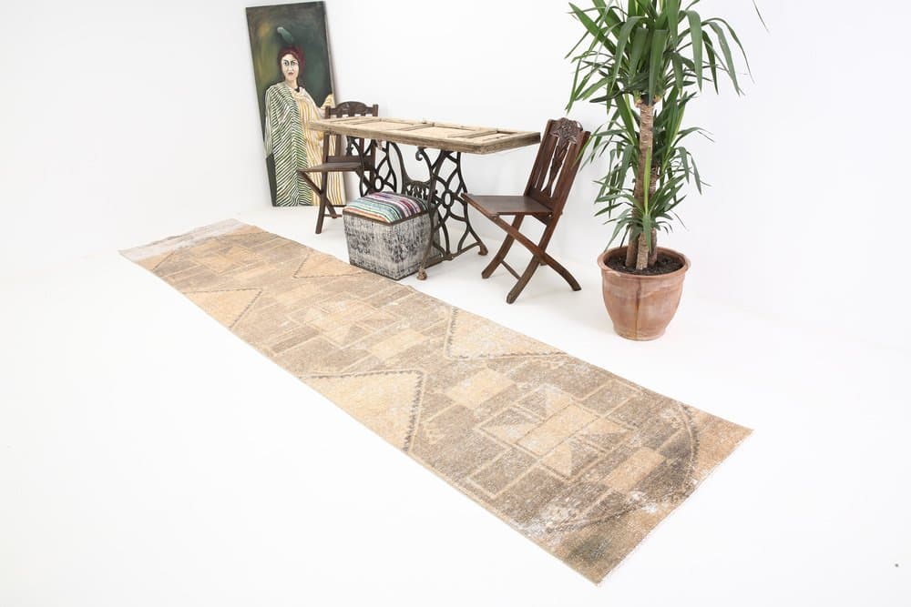 Runner Rug 410x92 cm, beige, wool, Turkey, 1960s. - 219365