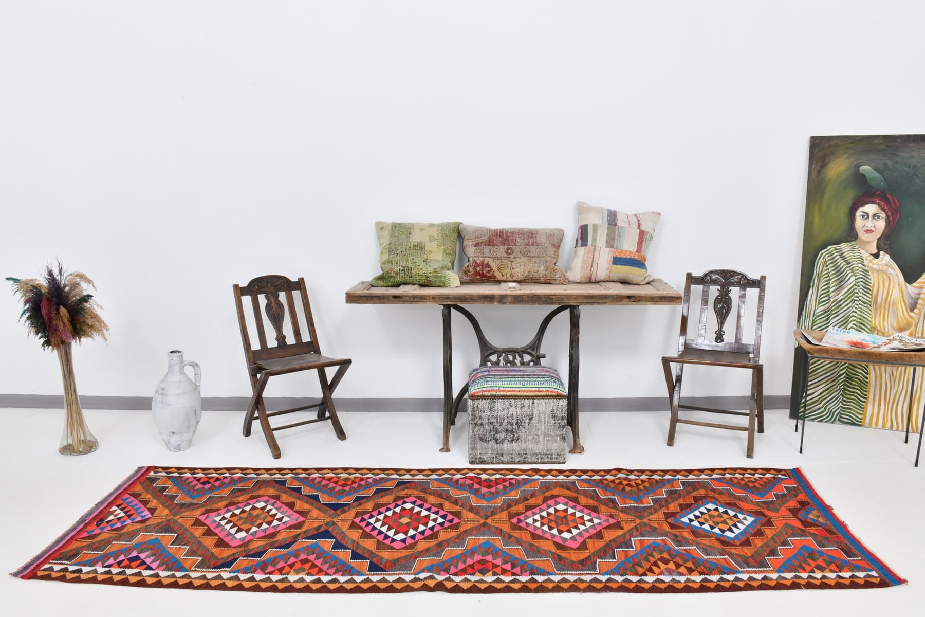 Kilim 309x95 cm, brązowy, karmazynowy, wełna, Turcja, lata 60. - 219360