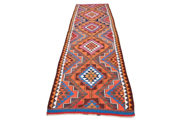 Kilim 309x95 cm, brązowy, karmazynowy, wełna, Turcja, lata 60. - WYMIARY
