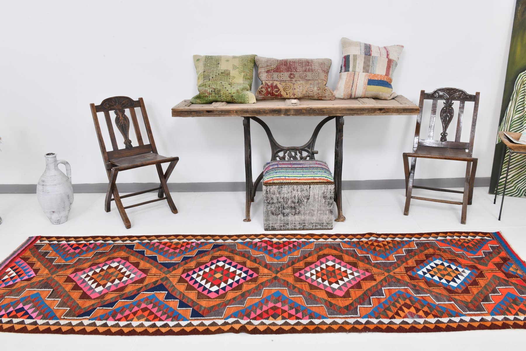 Kilim 309x95 cm, brązowy, karmazynowy, wełna, Turcja, lata 60. - 219356