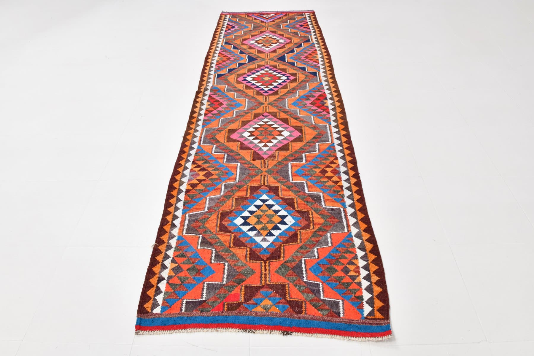 Kilim 309x95 cm, brązowy, karmazynowy, wełna, Turcja, lata 60. - 219355