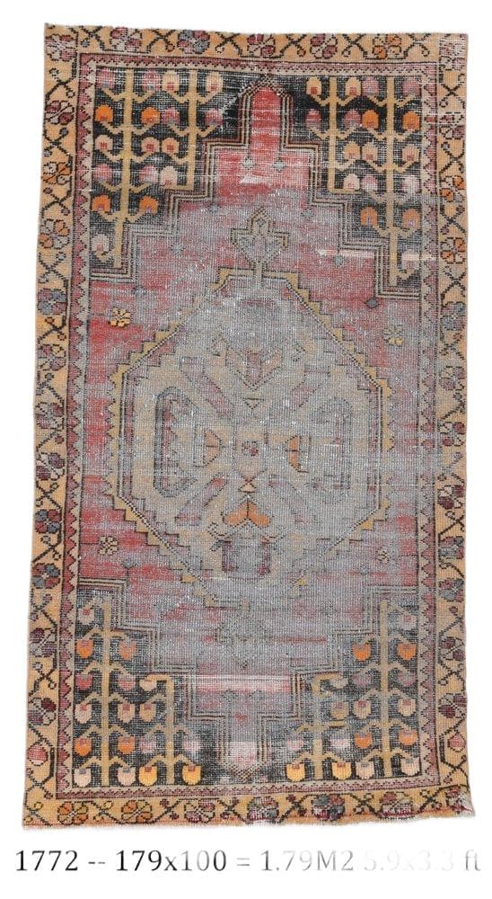 Dywan 179x100 cm, różowy, beżowy, wełna, Turcja, lata 60. - WYMIARY