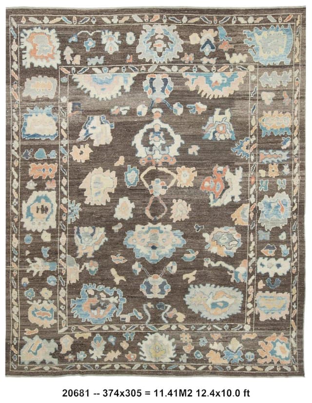 Oushak Rug 374x305 cm, brown, wool, Turkey, 1970s - DIMENSION