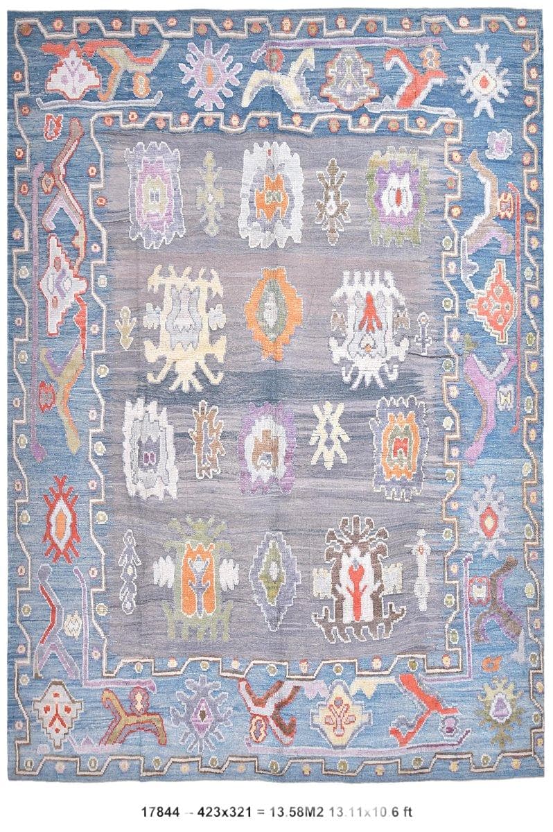 Dywan Oushak 423x321 cm, niebieski, wełna, Turcja, lata 70.