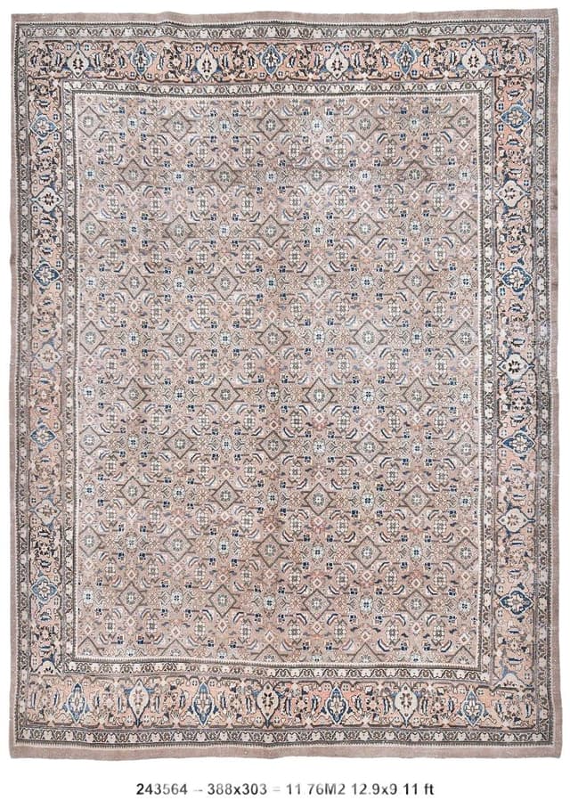 Dywan 388x303 cm, brązowy, wełna, Turcja, lata 70. - WYMIARY